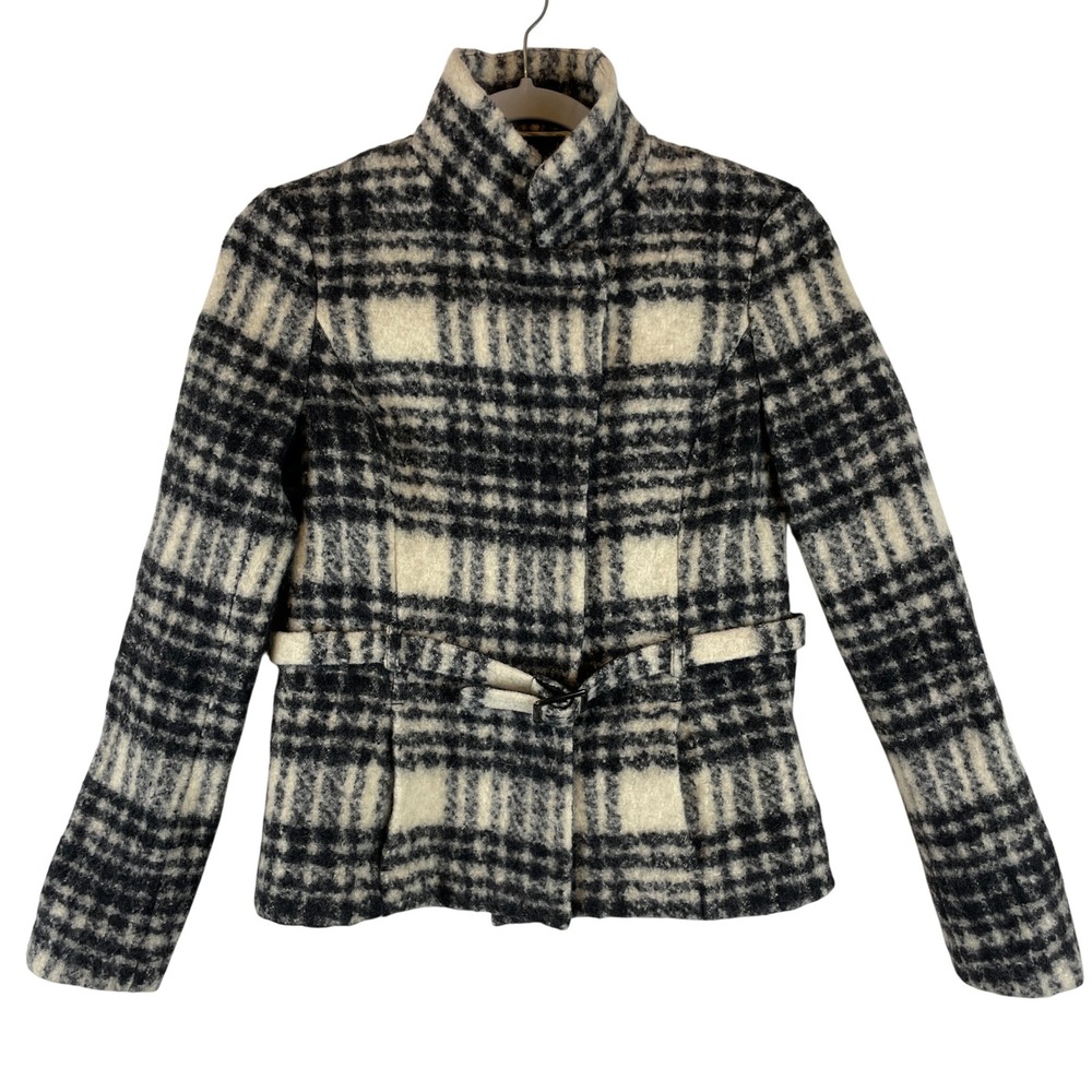 Banana Republic Italian Wool Plaid‎ Belted Funnel Neck Jacket Black Cream XS